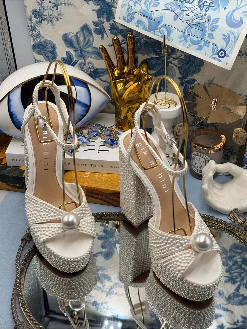 🆕 GIANNI BINI 🧿 NWOB KemaraTwo Embellished Pearl Studded Platform Sandal Sz 7
